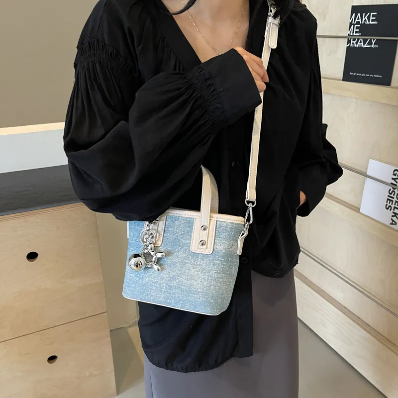 Miss Angel Fabric Crossbody One Shoulder Handbag Women's Blue/Ecru/Pink/Silver-5