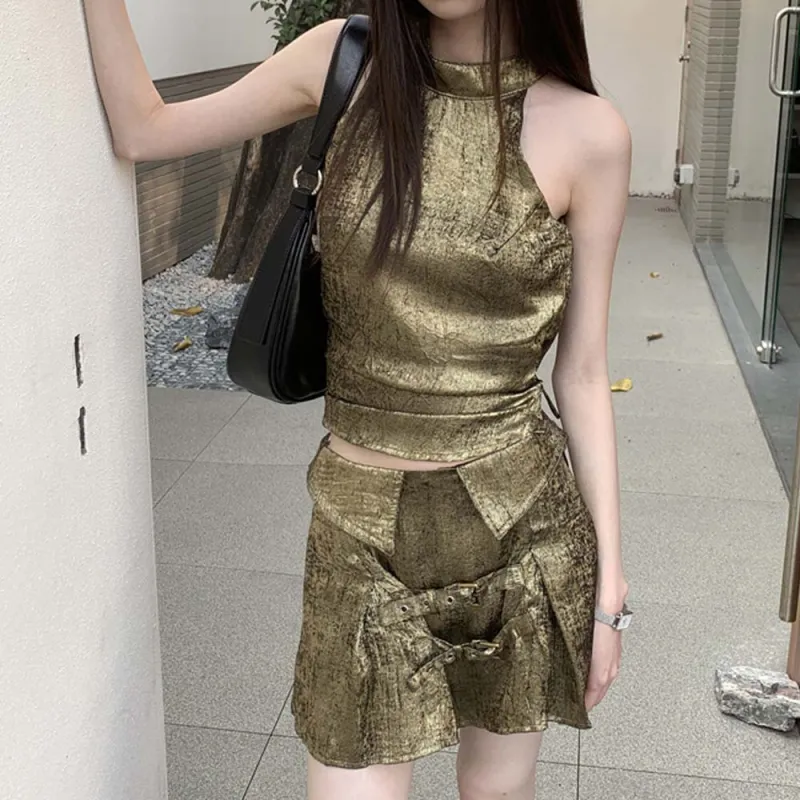 TURN UP Skirt Set Women's Set Vintage Gold Two Piece Set+Bowknot Hair Tie Comes With-6