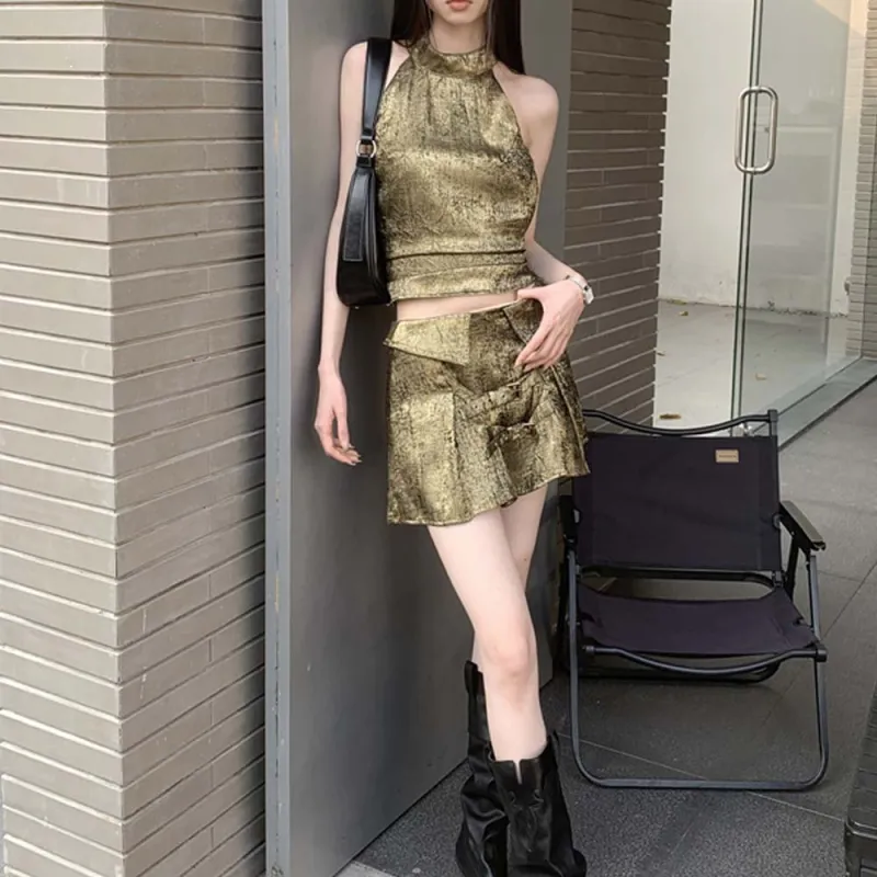 TURN UP Skirt Set Women's Set Vintage Gold Two Piece Set+Bowknot Hair Tie Comes With-5