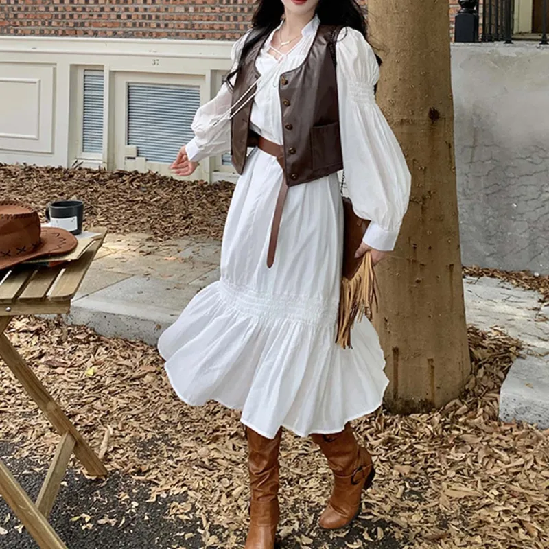 TURN UP Skirt Set Women's Long Coffee White Two Piece Set, Includes Belt+Bowknot Hair Tie Comes With-2
