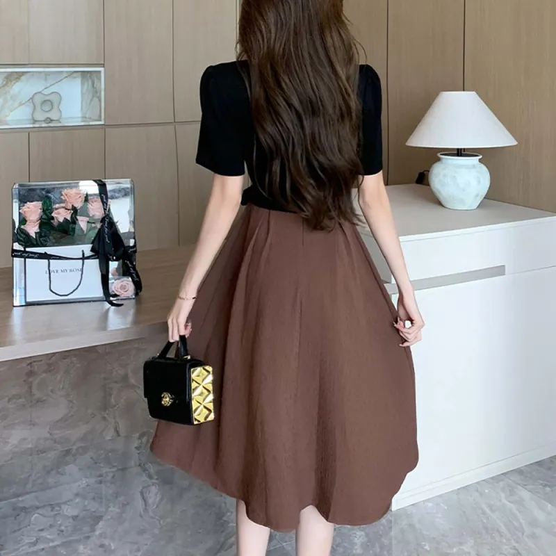 TURN UP Short Sleeved Dress Women's Black Coffee Long+Bowknot Hair Tie Comes With-6