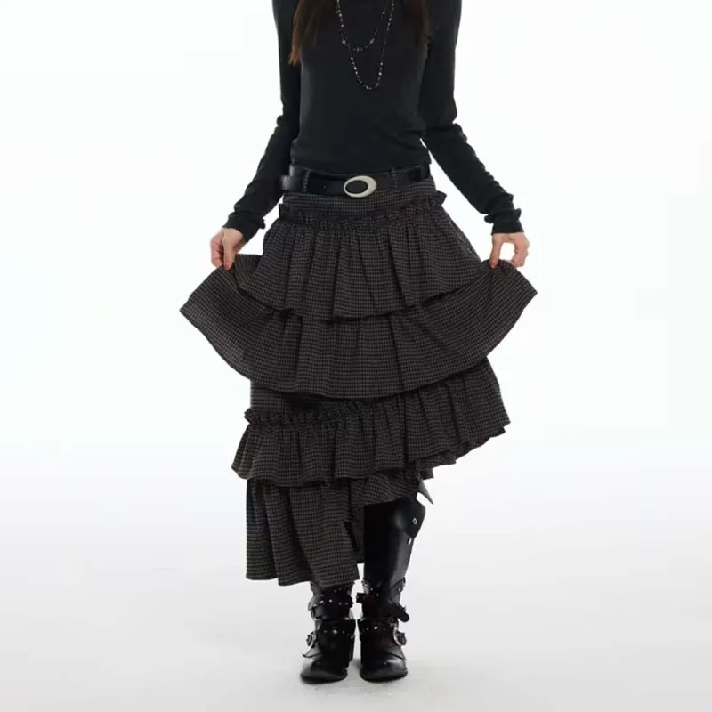 TURN UP Casual Long Skirts Women's Black Plaid Pattern-4