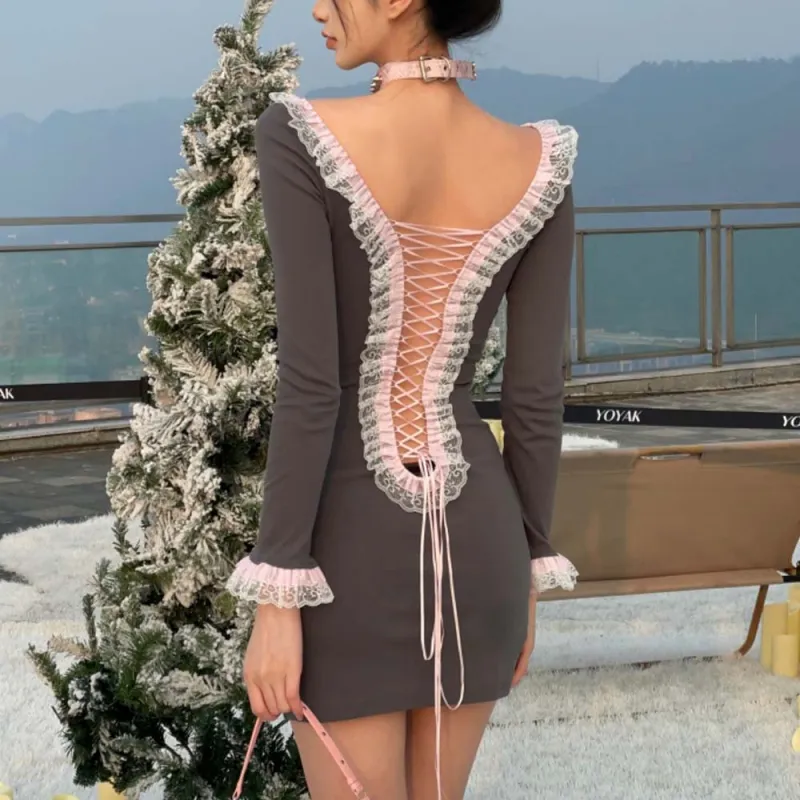 TURN UP Long Sleeved Dress Women's Gray Pink+Bowknot Hair Tie Comes With-5