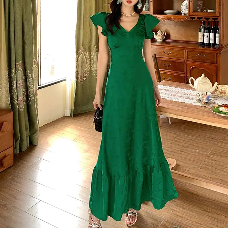 TURN UP Short Sleeved Dresses Women's Green+Bowknot Hair Tie Comes With-2
