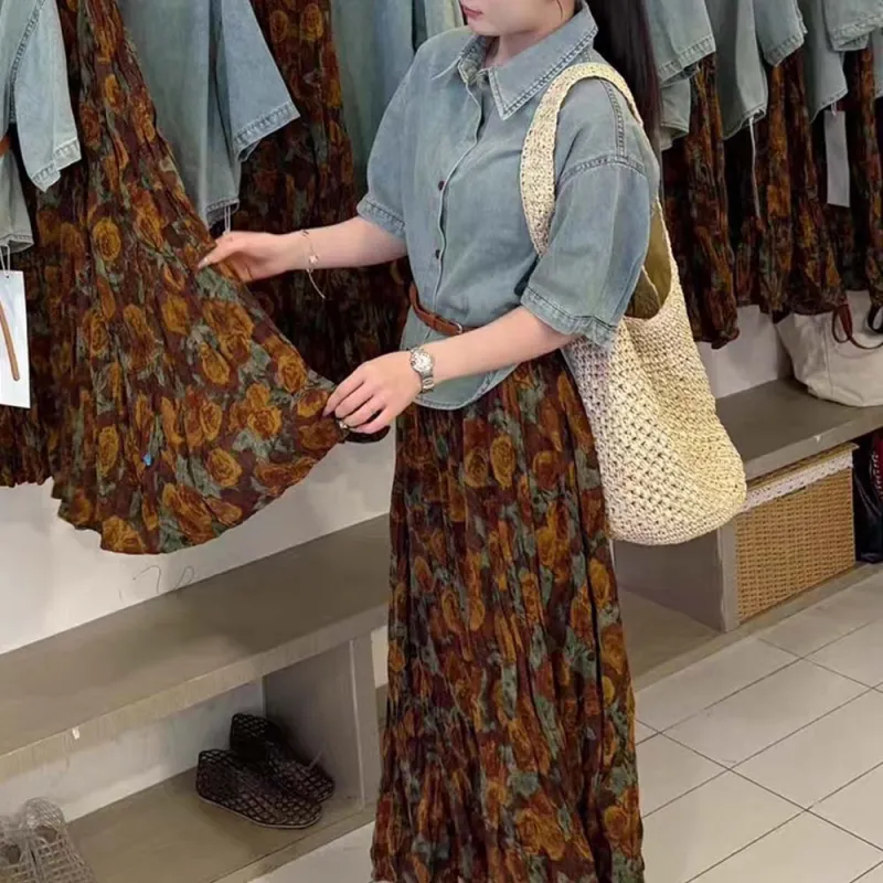 TURN UP Skirt Set Women's Set Blue Brown Two Piece Set, Comes With Belt+Bowknot Hair Tie-3