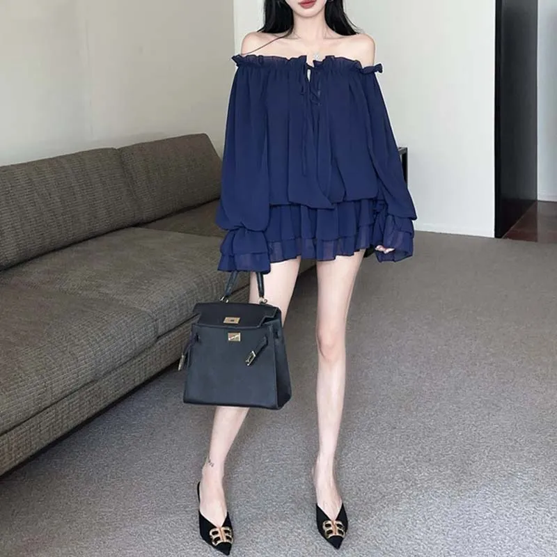 TURN UP Long Sleeved Dresses Women's Klein Blue+Bowknot Hair Tie Comes With-6
