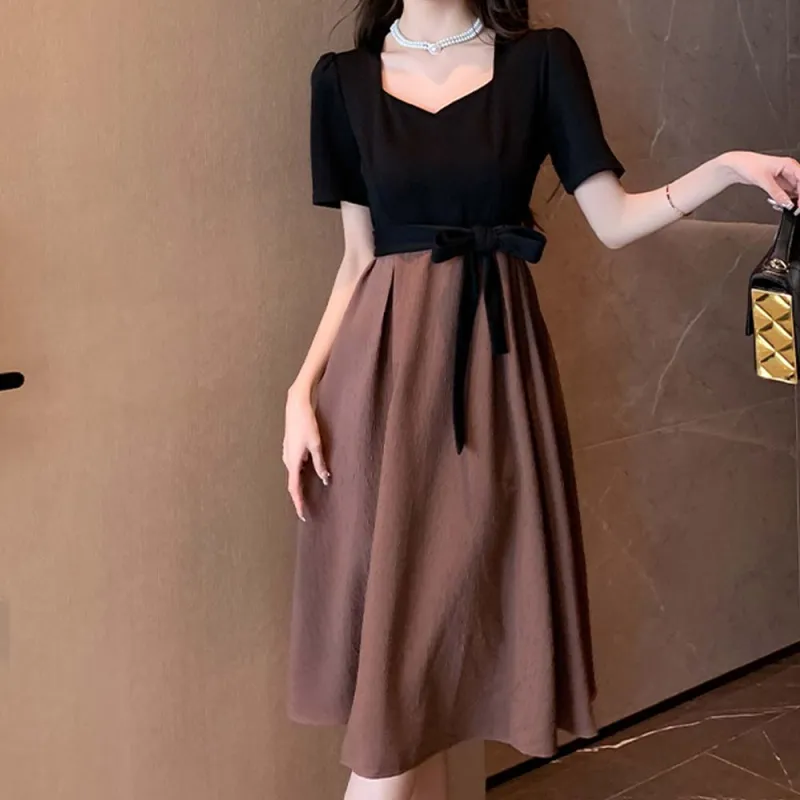 TURN UP Short Sleeved Dress Women's Black Coffee Long+Bowknot Hair Tie Comes With-5