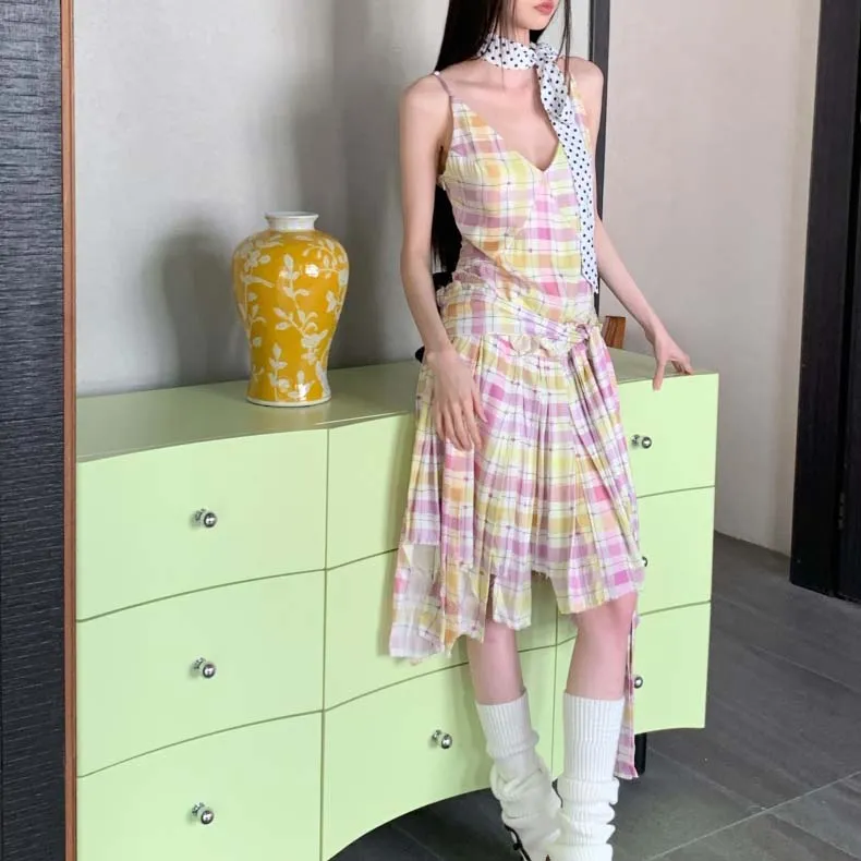 TURN UP Slip Dress Women's Pink And Yellow Checkered+Bowknot Hair Tie Comes With-2