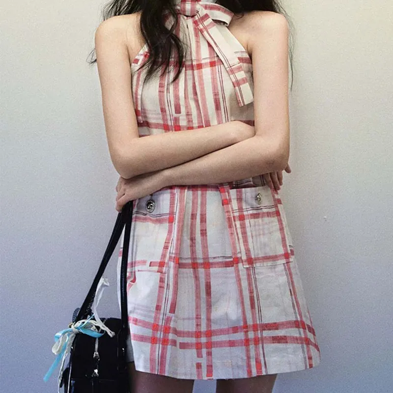 TURN UP Sleeveless Dress Women's Red Plaid Pattern-2