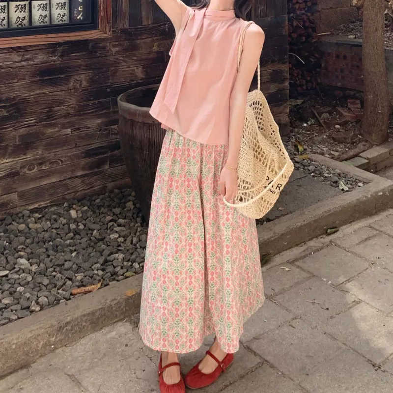 TURN UP Skirt Set Women's Clothing Sets Pink Green Two Piece Set+Bowknot Hair Tie Comes With-4