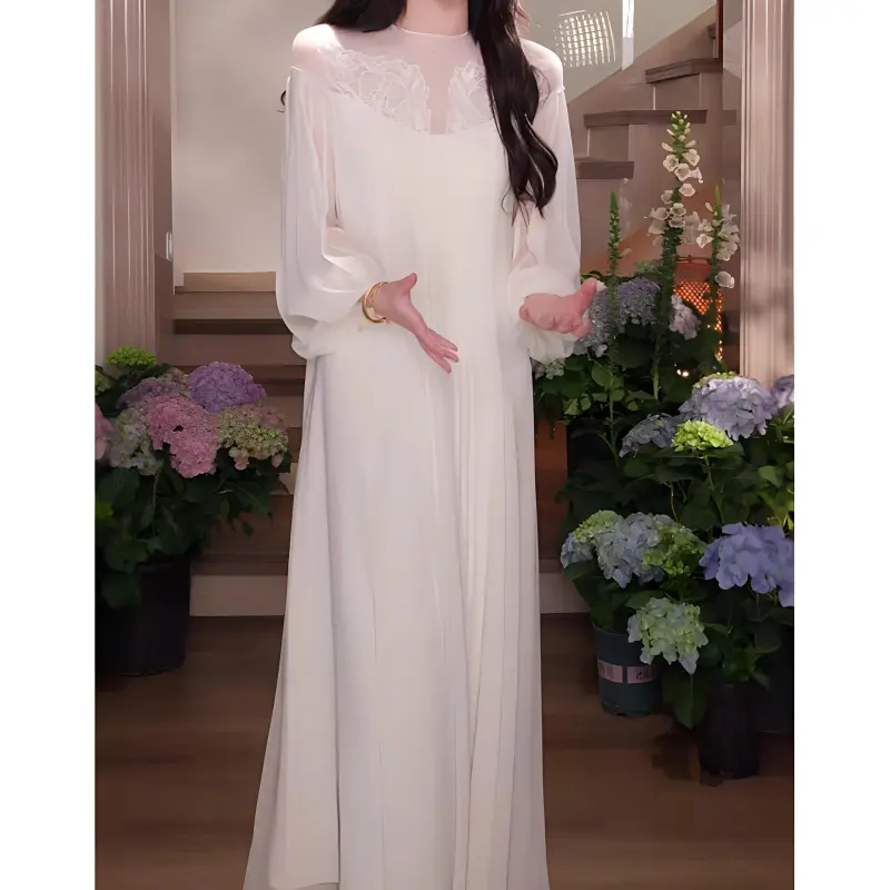 Long Sleeved Dress Women's Apricot Bowknot Hair Tie Comes With Style-2