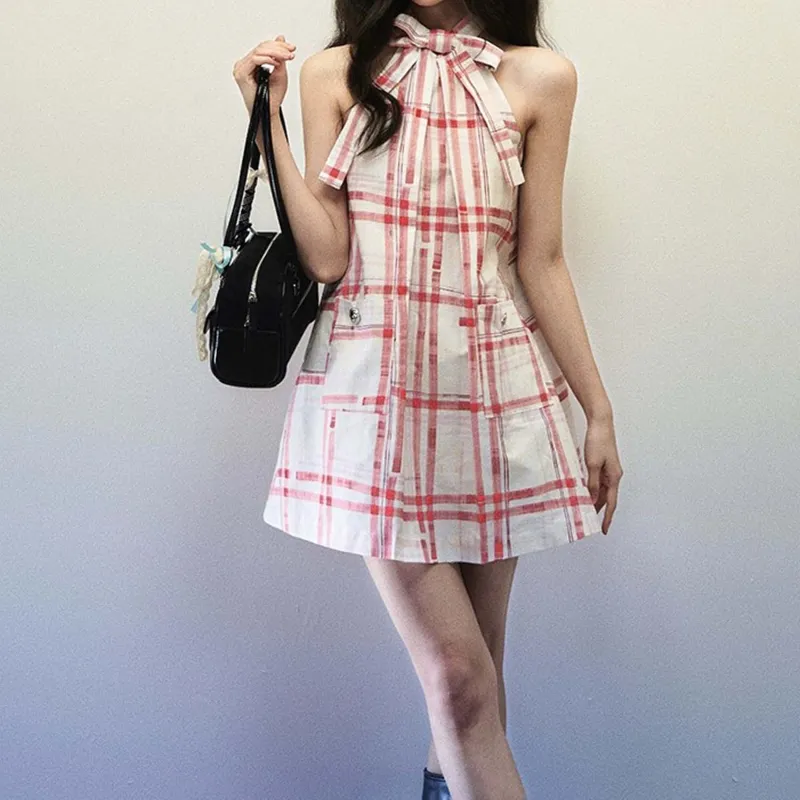 TURN UP Sleeveless Dress Women's Red Plaid Pattern-6