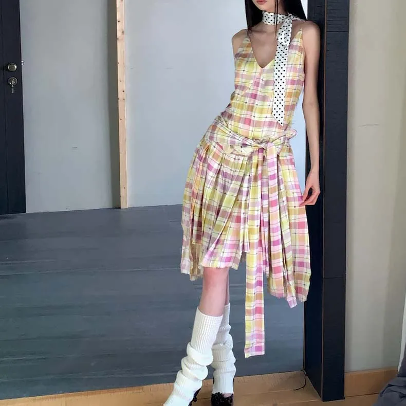 TURN UP Slip Dress Women's Pink And Yellow Checkered+Bowknot Hair Tie Comes With-6