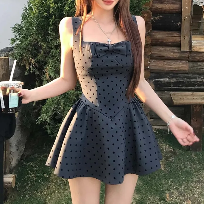 TURN UP Sleeveless Dress Women's Dark Gray Polka Dots+Bowknot Hair Tie Comes With-2