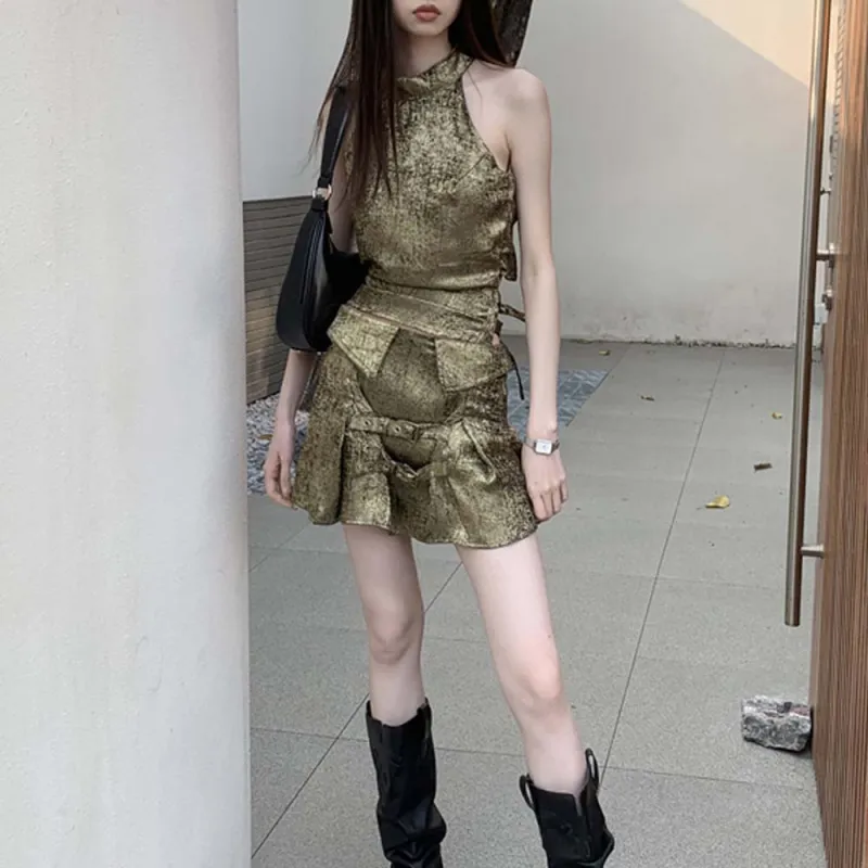 TURN UP Skirt Set Women's Set Vintage Gold Two Piece Set+Bowknot Hair Tie Comes With-4