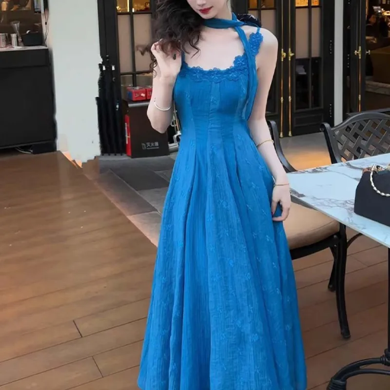 TURN UP Slip Dresses Women's Comes With Blue Silk Scarf Brooch+Bowknot Hair Tie-3