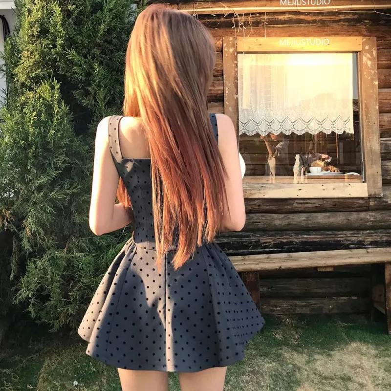 TURN UP Sleeveless Dress Women's Dark Gray Polka Dots+Bowknot Hair Tie Comes With-6
