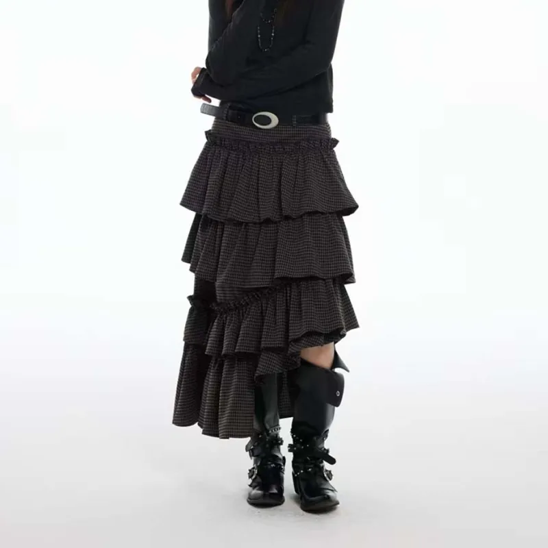 TURN UP Casual Long Skirts Women's Black Plaid Pattern-6