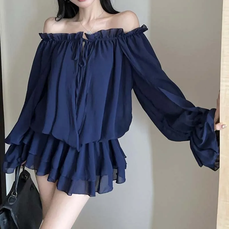 TURN UP Long Sleeved Dresses Women's Klein Blue+Bowknot Hair Tie Comes With-4