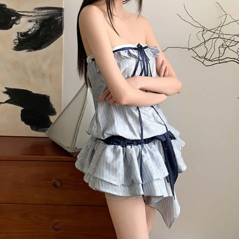 TURN UP Sleeveless Dress Women's Light Blue+Bowknot Hair Tie Comes With-4