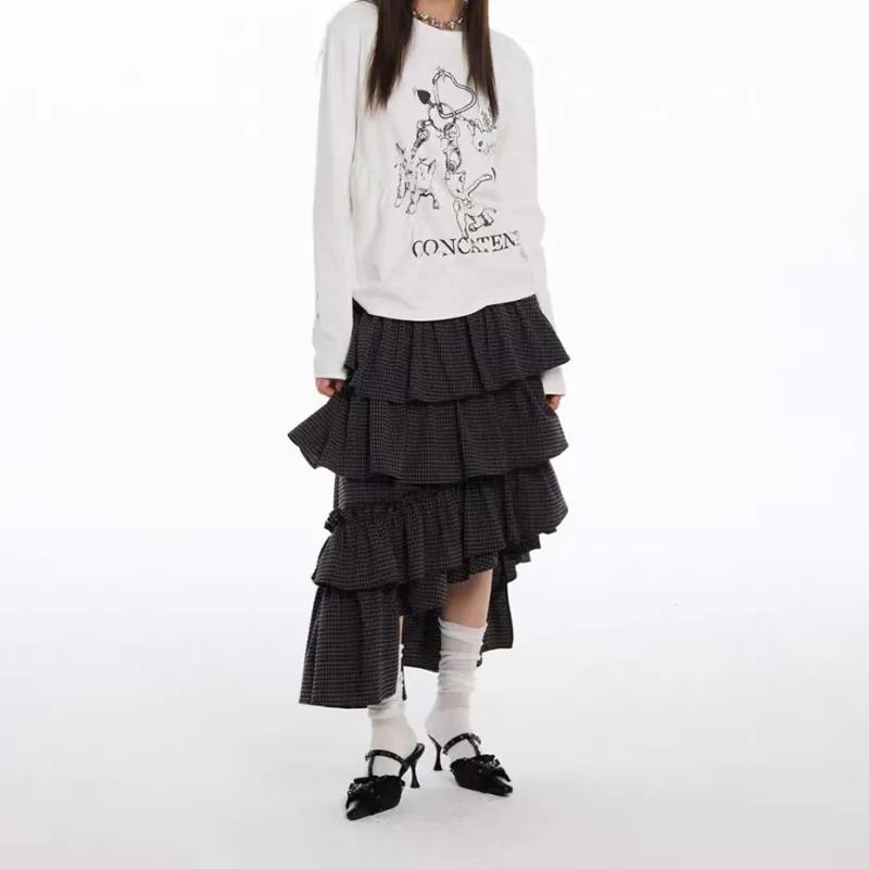 TURN UP Casual Long Skirts Women's Black Plaid Pattern-2