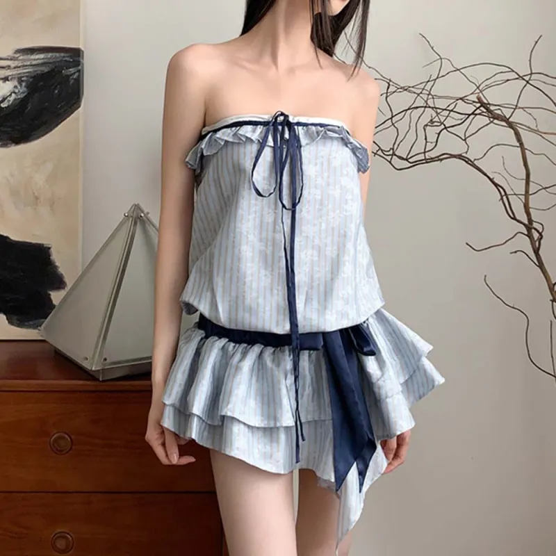 TURN UP Sleeveless Dress Women's Light Blue+Bowknot Hair Tie Comes With-6