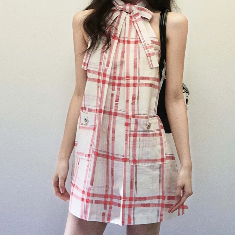 TURN UP Sleeveless Dress Women's Red Plaid Pattern-5