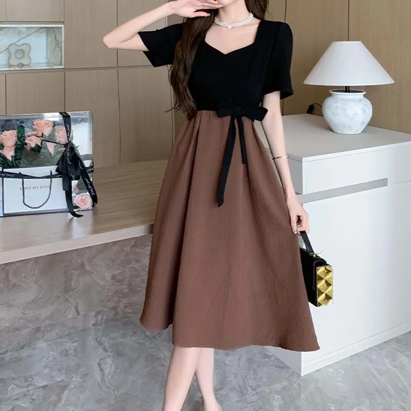 TURN UP Short Sleeved Dress Women's Black Coffee Long+Bowknot Hair Tie Comes With-2