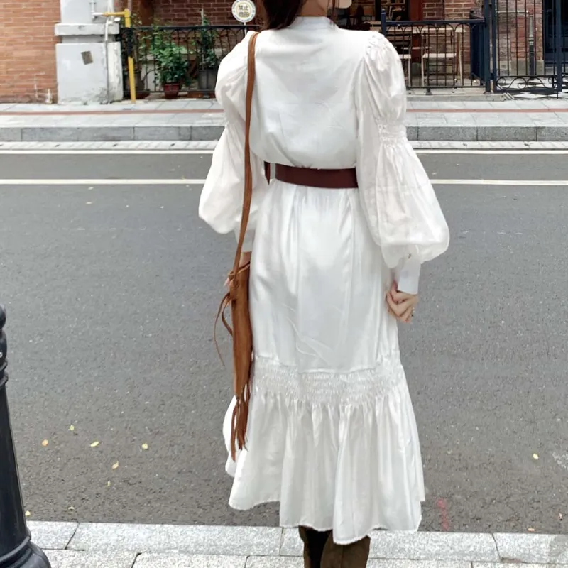 TURN UP Skirt Set Women's Long Coffee White Two Piece Set, Includes Belt+Bowknot Hair Tie Comes With-6