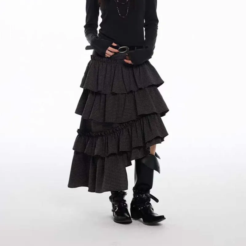 TURN UP Casual Long Skirts Women's Black Plaid Pattern-3