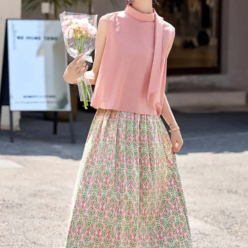 TURN UP Skirt Set Women's Clothing Sets Pink Green Two Piece Set+Bowknot Hair Tie Comes With-2