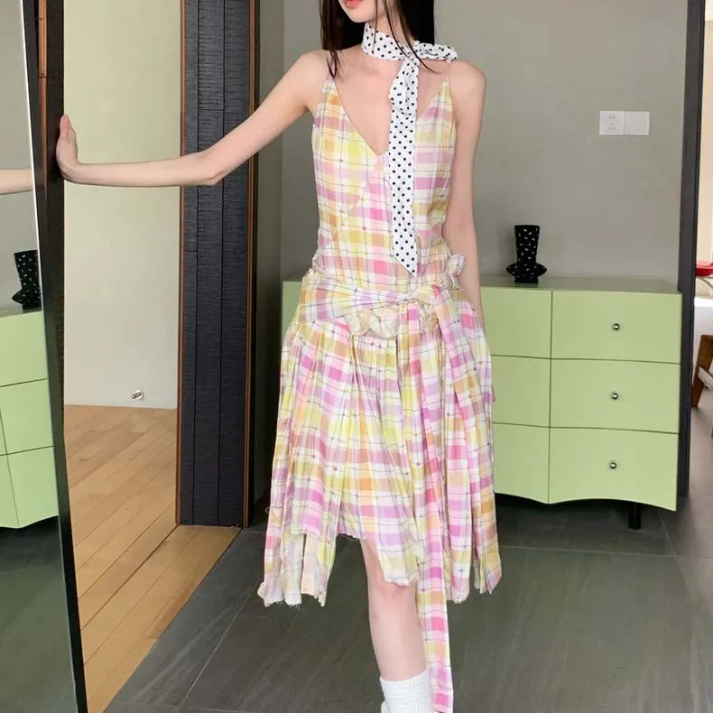 TURN UP Slip Dress Women's Pink And Yellow Checkered+Bowknot Hair Tie Comes With-5