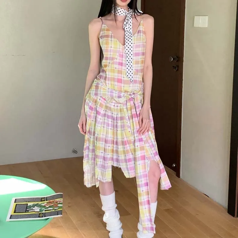 TURN UP Slip Dress Women's Pink And Yellow Checkered+Bowknot Hair Tie Comes With-3
