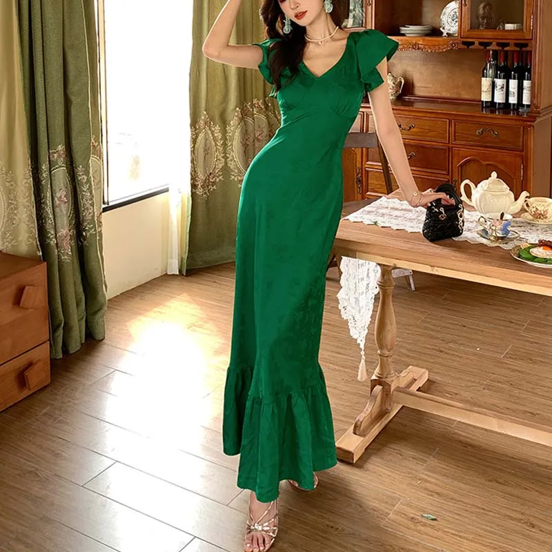 TURN UP Short Sleeved Dresses Women's Green+Bowknot Hair Tie Comes With-3