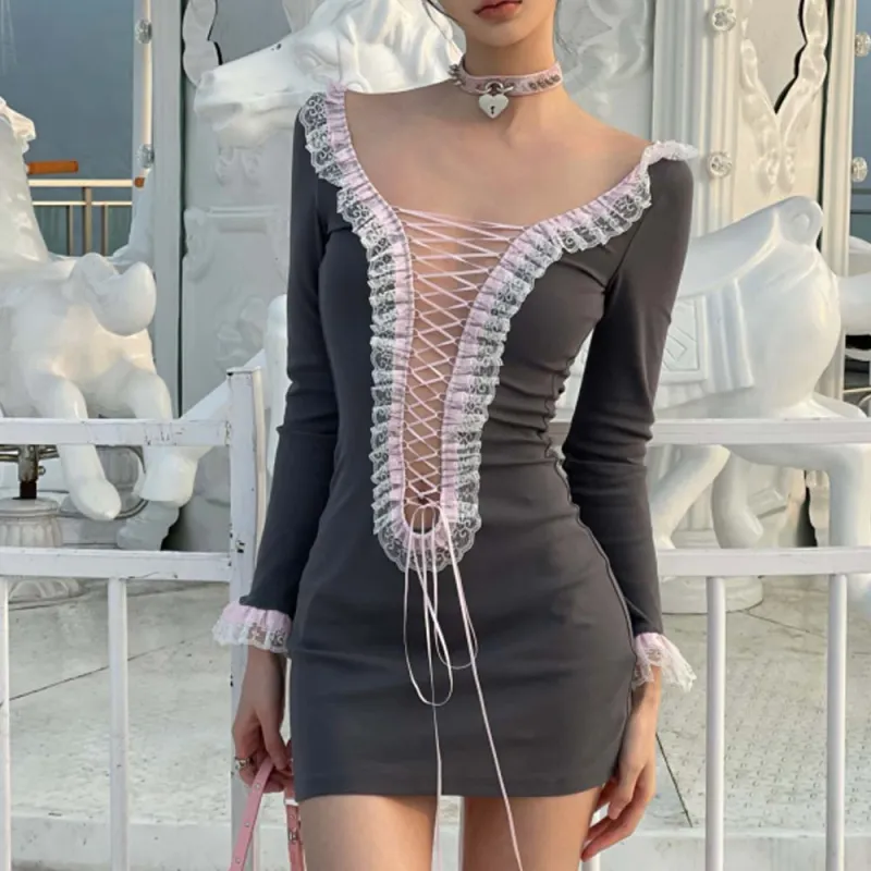 TURN UP Long Sleeved Dress Women's Gray Pink+Bowknot Hair Tie Comes With-4