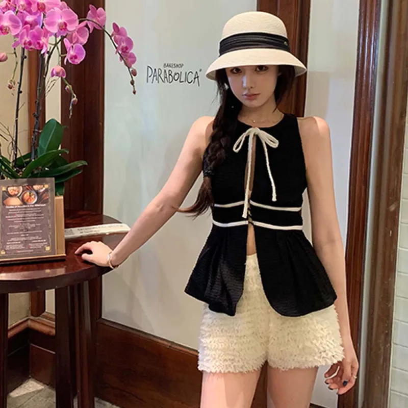 TURN UP Casual Suits Women's Clothing Sets Black White Two Piece Set+Bowknot Hair Tie Comes With-2