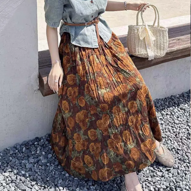 TURN UP Skirt Set Women's Set Blue Brown Two Piece Set, Comes With Belt+Bowknot Hair Tie-2