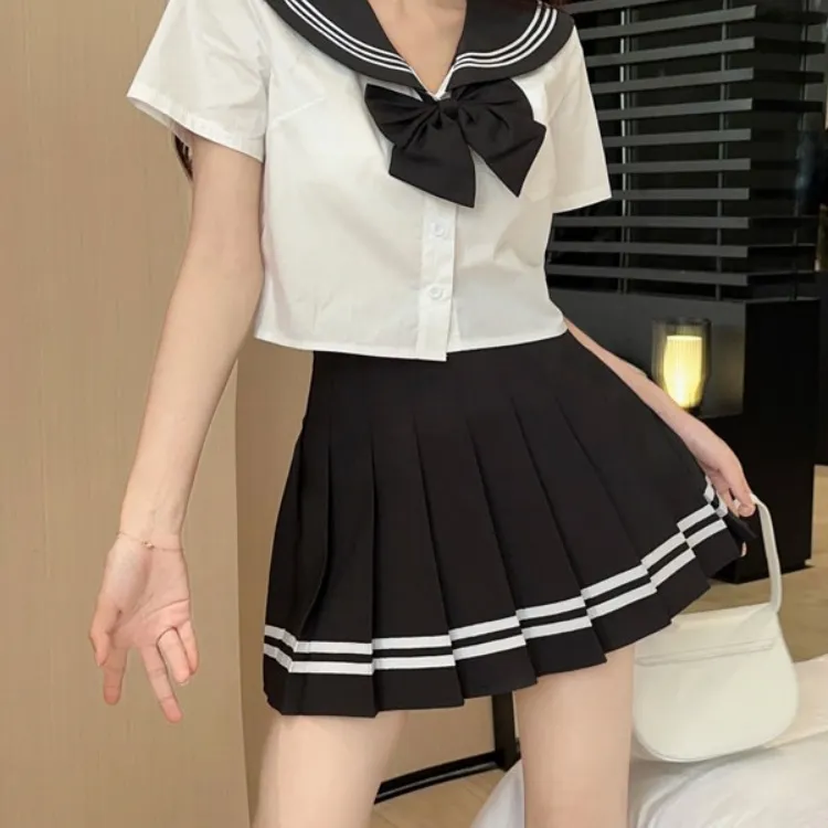 TURN UP Two Piece Skirt Sets Women's Clothing Sets Shirt+Skirt+Bowknot Hair Tie+Bow Tie Comes With-6