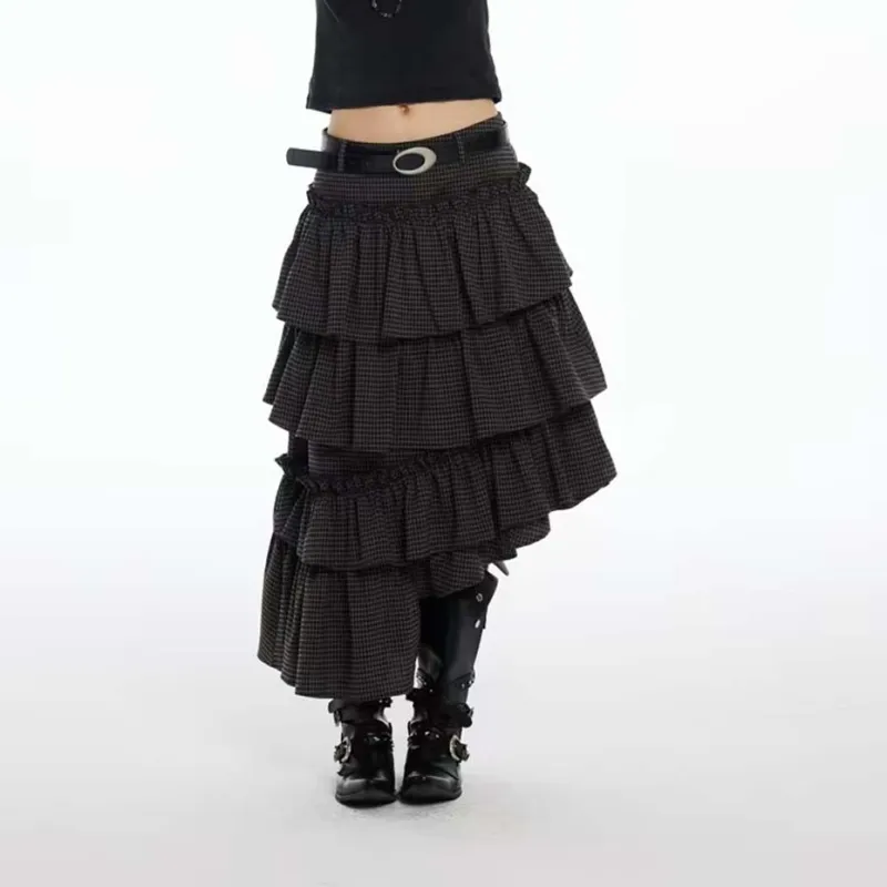 TURN UP Casual Long Skirts Women's Black Plaid Pattern-5