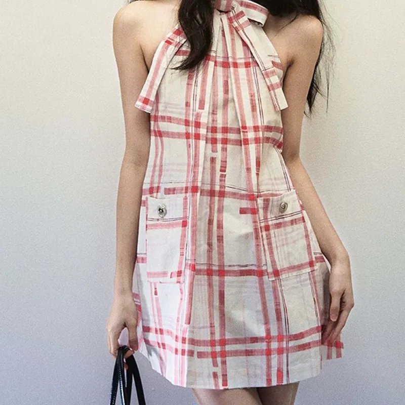 TURN UP Sleeveless Dress Women's Red Plaid Pattern-3