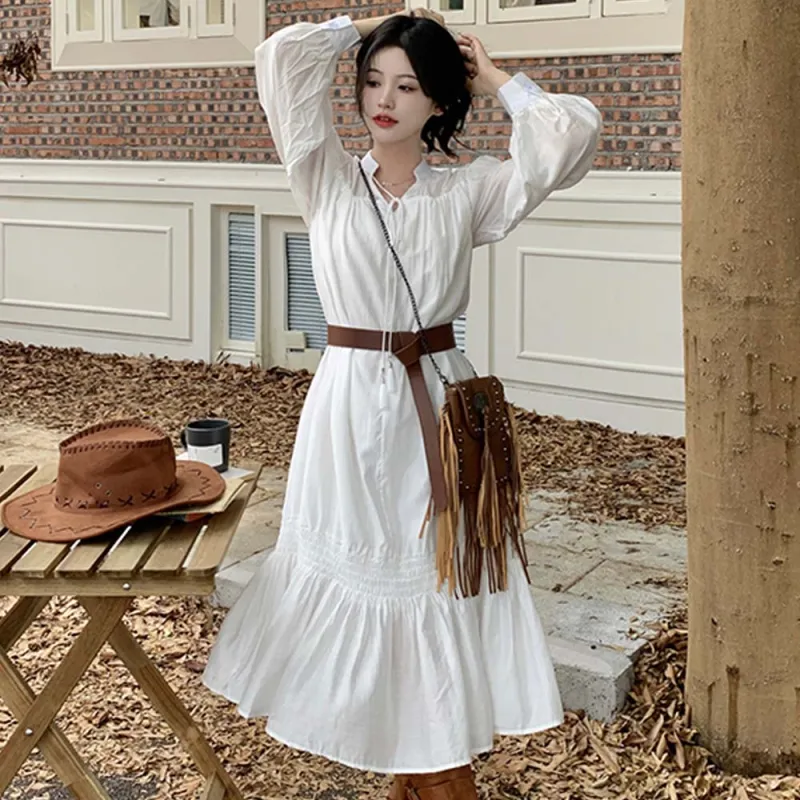 TURN UP Skirt Set Women's Long Coffee White Two Piece Set, Includes Belt+Bowknot Hair Tie Comes With-4