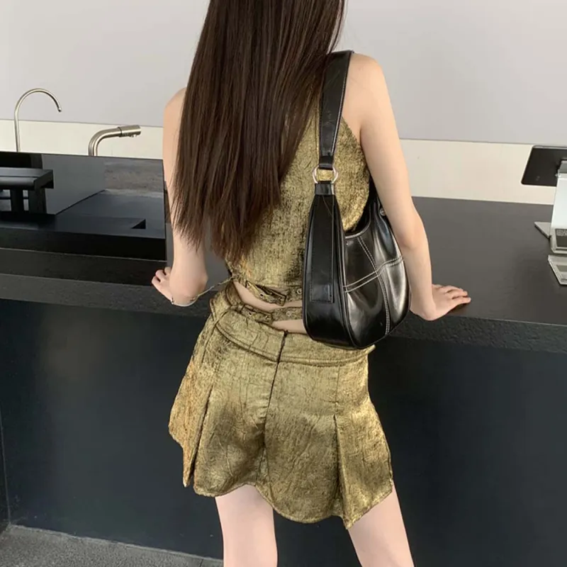 TURN UP Skirt Set Women's Set Vintage Gold Two Piece Set+Bowknot Hair Tie Comes With-3