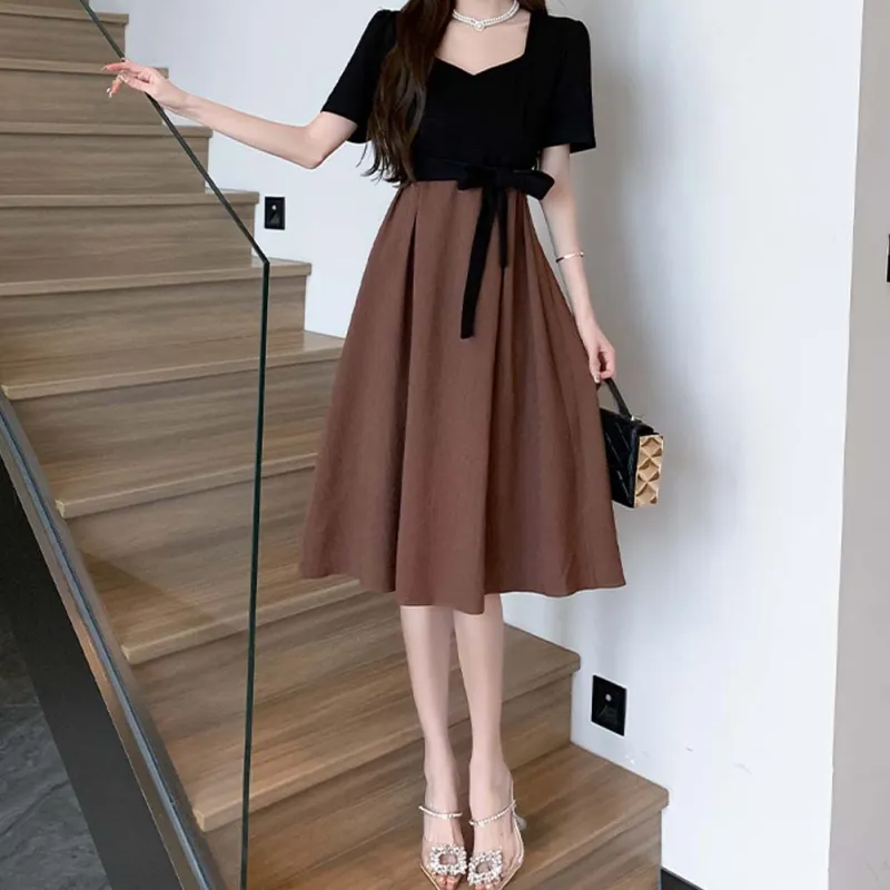 TURN UP Short Sleeved Dress Women's Black Coffee Long+Bowknot Hair Tie Comes With-4