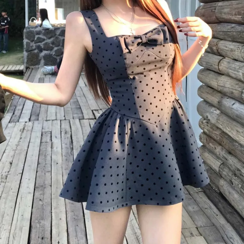 TURN UP Sleeveless Dress Women's Dark Gray Polka Dots+Bowknot Hair Tie Comes With-3