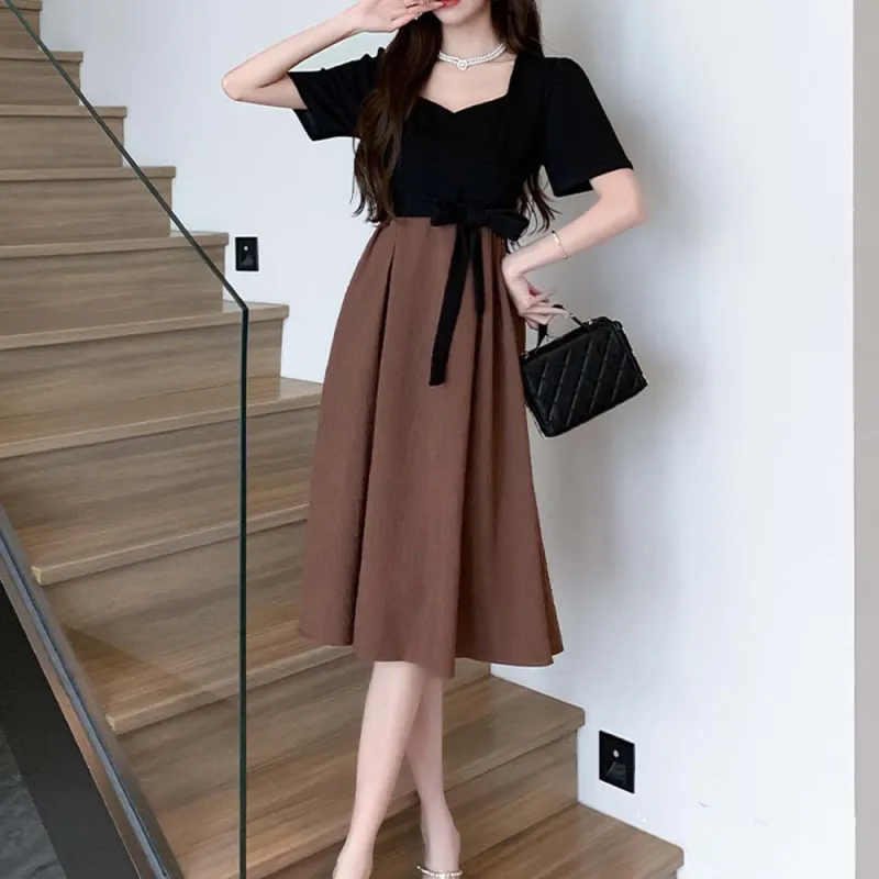 TURN UP Short Sleeved Dress Women's Black Coffee Long+Bowknot Hair Tie Comes With-3