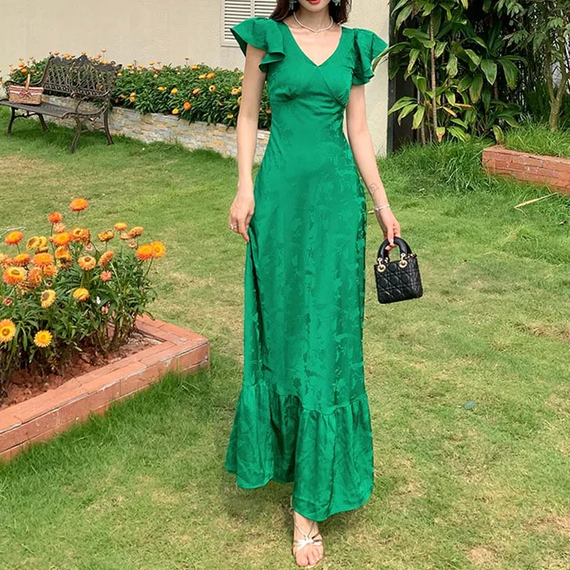 TURN UP Short Sleeved Dresses Women's Green+Bowknot Hair Tie Comes With-4