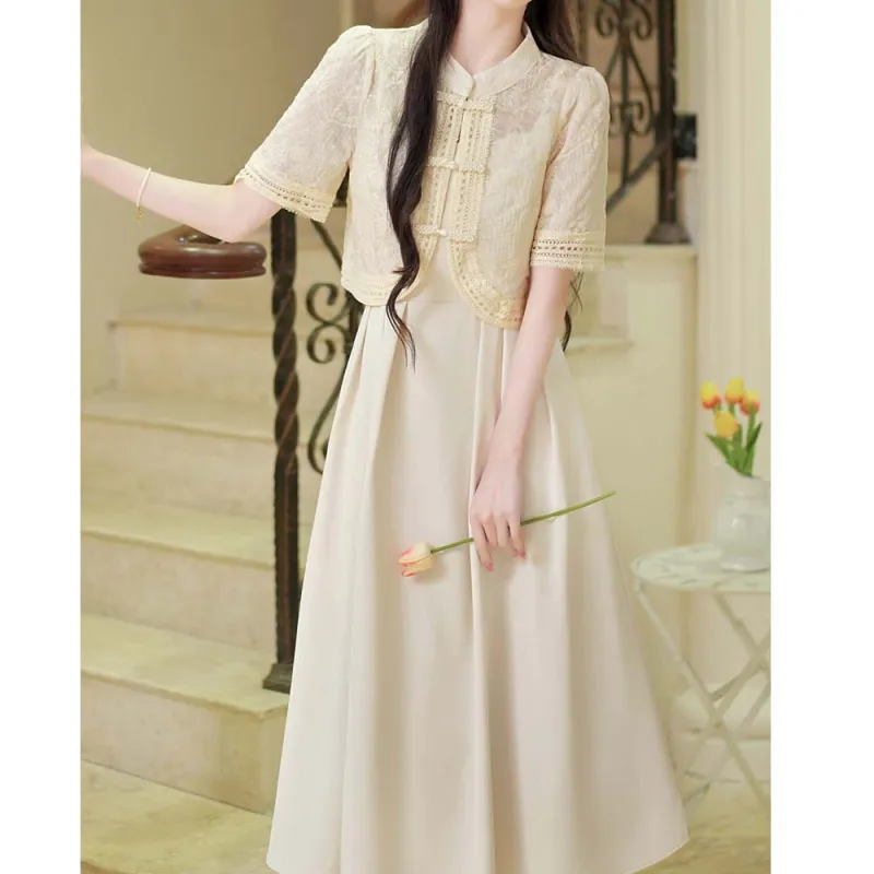 TURN UP Skirt Set Women's Apricot Two Piece Set+Bowknot Hair Tie Includes-2