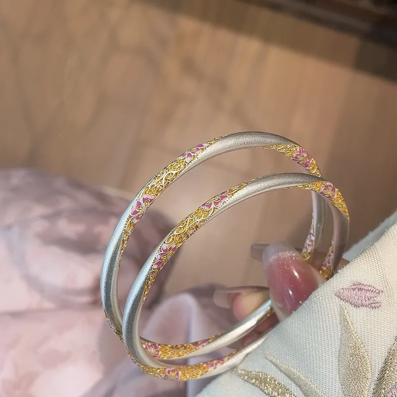 YINI Enamel And Resin Heavy Work Bangle For Women's 999 Fine Silver .9 Gold Tracing Solid Closed End Women's-1