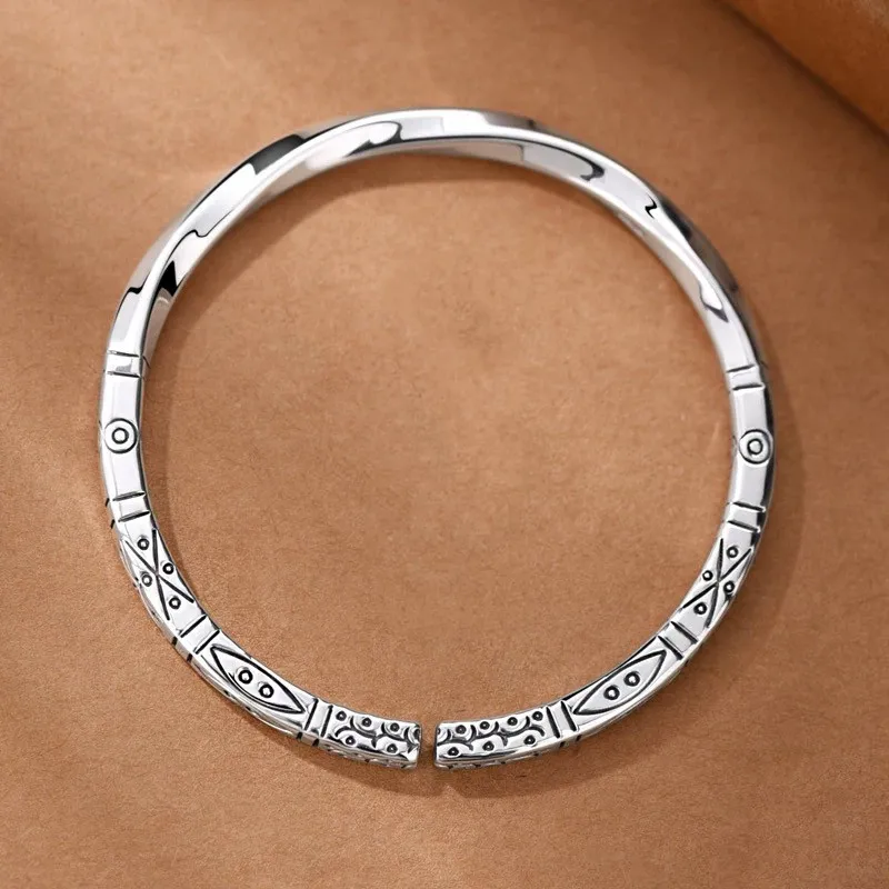YINI Solid Sterling Silver Bangle 999.9 Silver In National Style And Forest Theme Totem Design Bangle Unisex-1