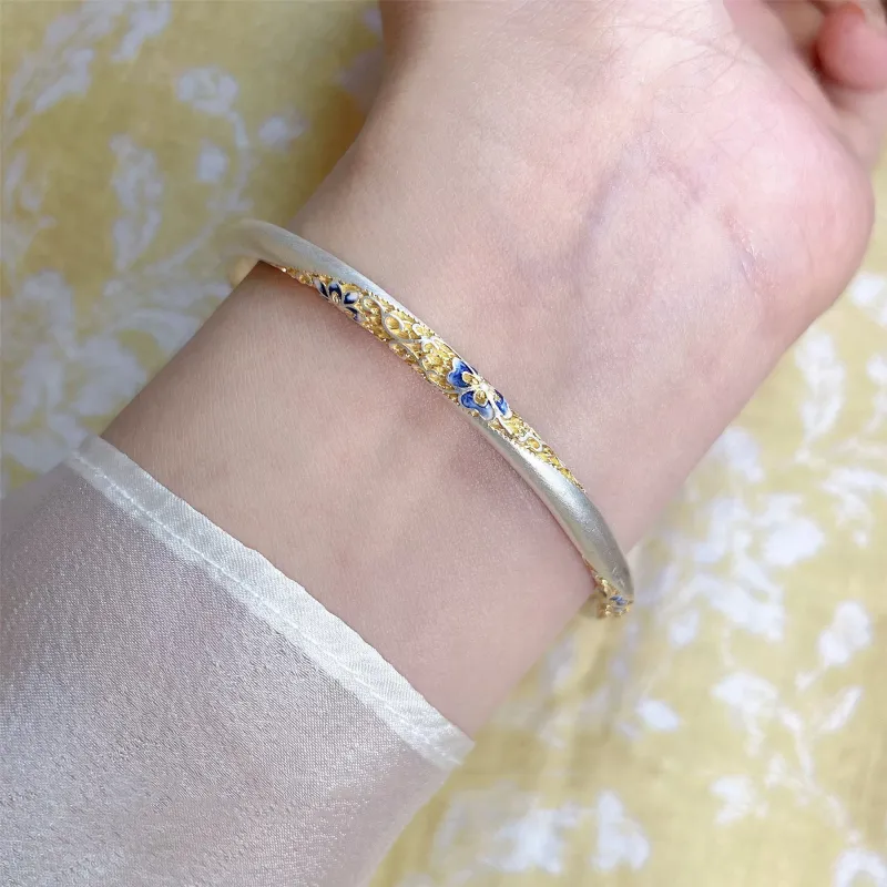 YINI Enamel And Resin Heavy Work Bangle For Women's 999 Fine Silver .9 Gold Tracing Solid Closed End Women's-7